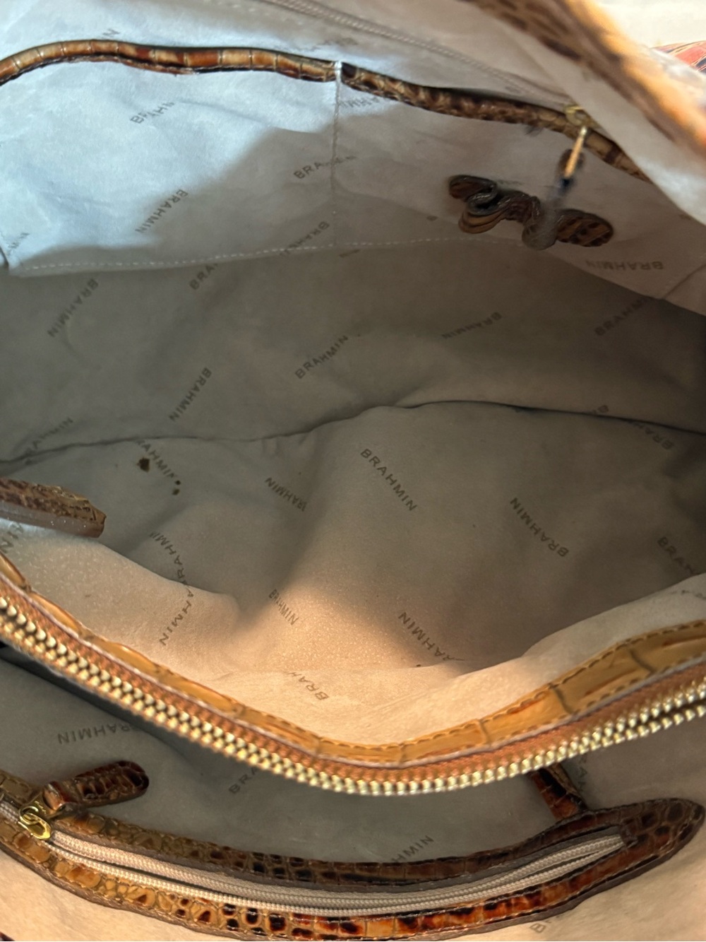 Brahmin Croc-Embossed Shoulder Bag in Tan with Gold Hardware - Picture 13 of 15